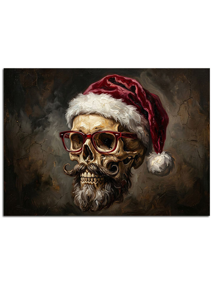 Gözlüklü ve Noel şapkalı esprili kurukafa portresi.