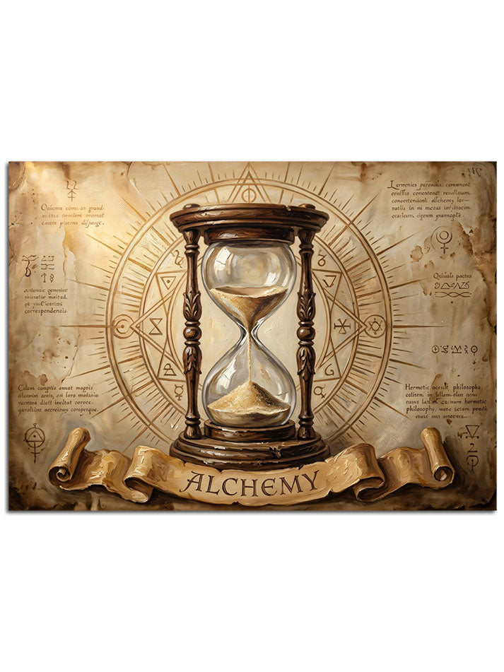 "Alchemy" yazılı eskitme dokulu zaman simgesi.