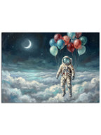 Bulutların üzerinde renkli balonlarla süzülen astronot.