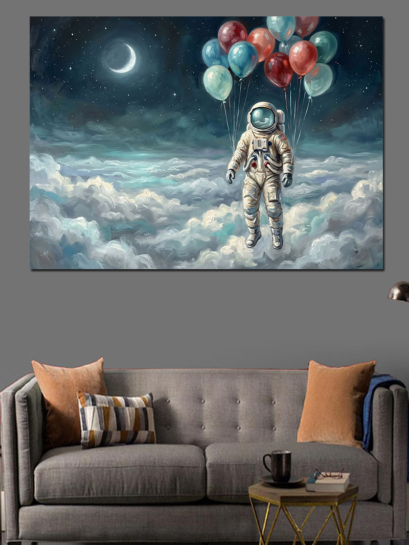 Balonlarla Uçan Astronot Uzay Rüyası Kanvas Tablo