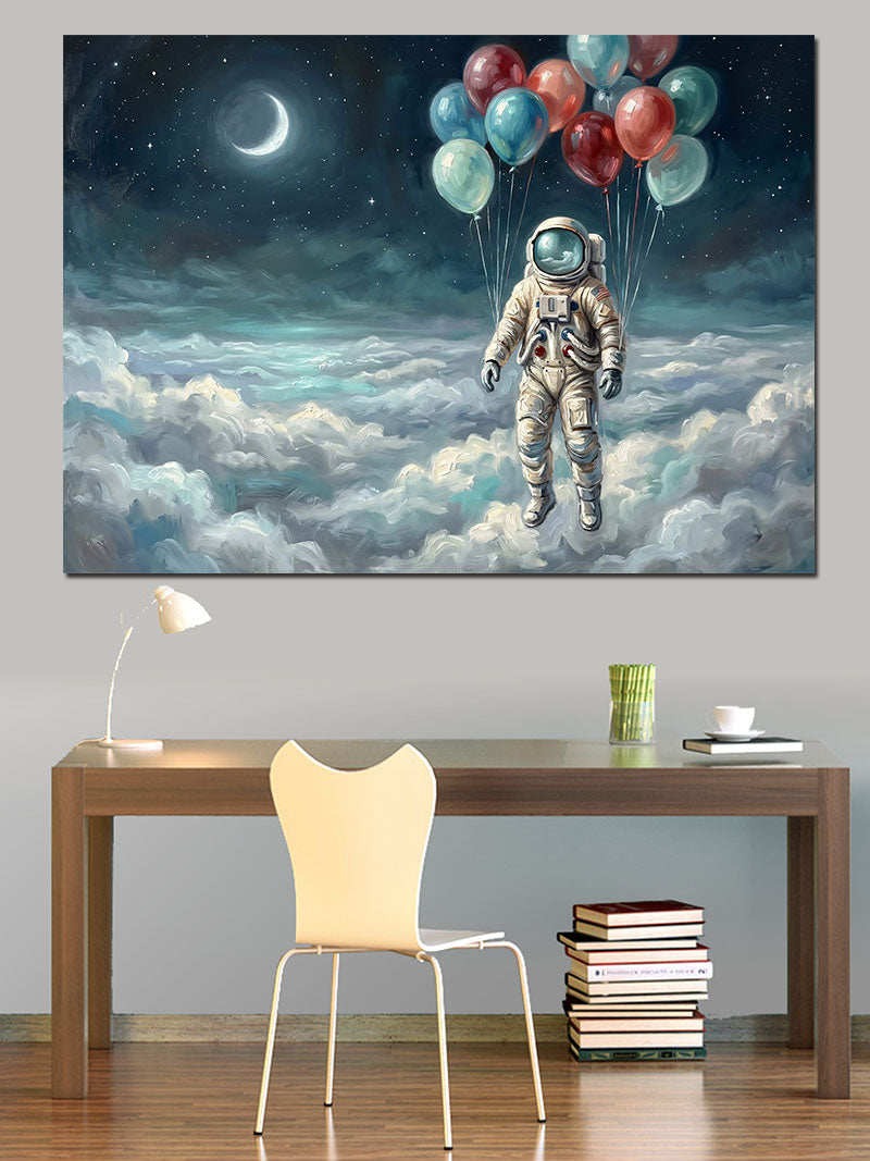 Balonlarla Uçan Astronot Uzay Rüyası Kanvas Tablo