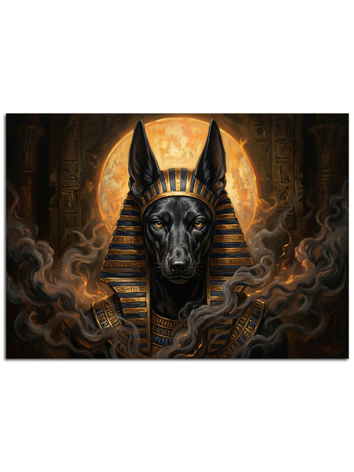 Altın takılarıyla karanlıklar içinden bakan Anubis figürü.