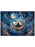 Yıldızlı gökyüzü ve çiçekler arasında uyuyan panda.