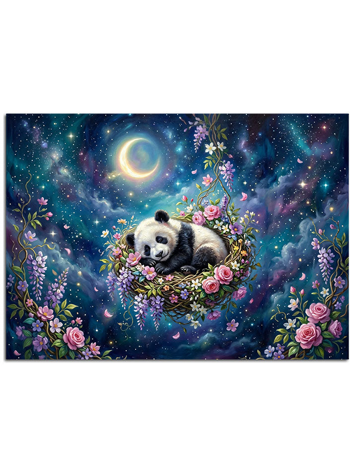Yıldızlı gökyüzü ve çiçekler arasında uyuyan panda.