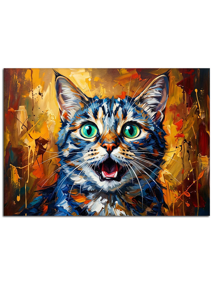 Pop-art tarzında, canlı renklerle parlayan kedi yüzü.