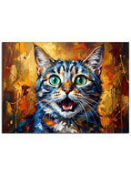 Pop-art tarzında, canlı renklerle parlayan kedi yüzü.
