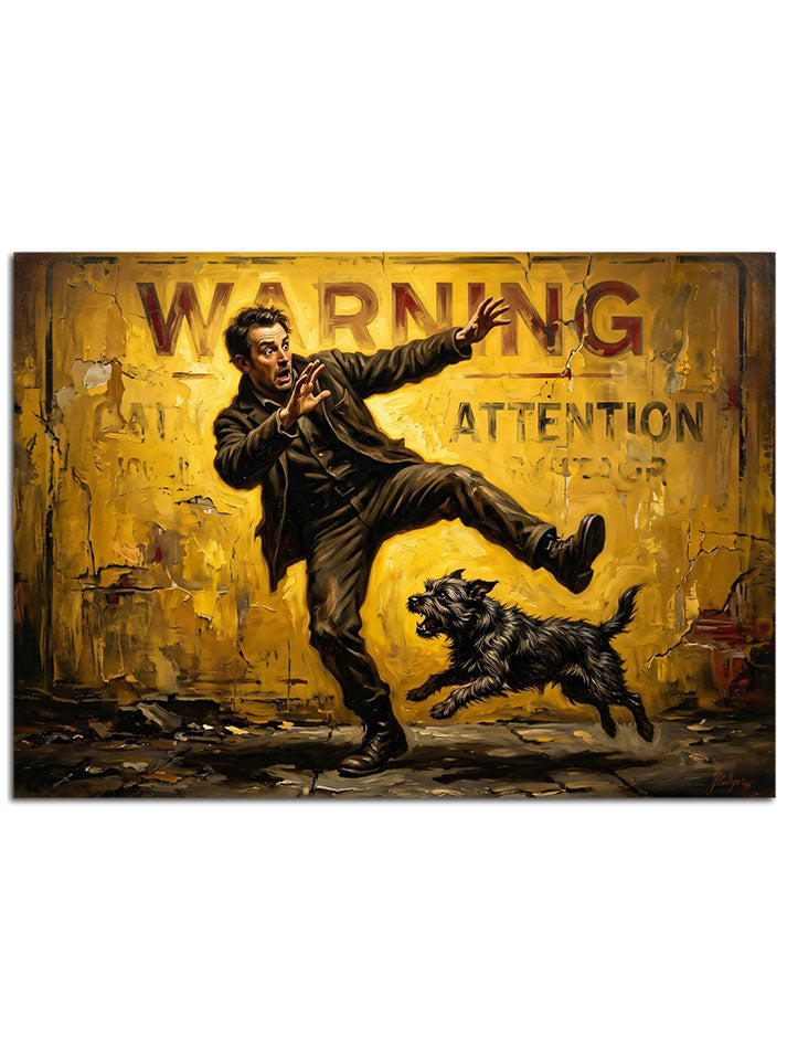 Köpekten kaçan adam ve "Attention" yazılı tabela.