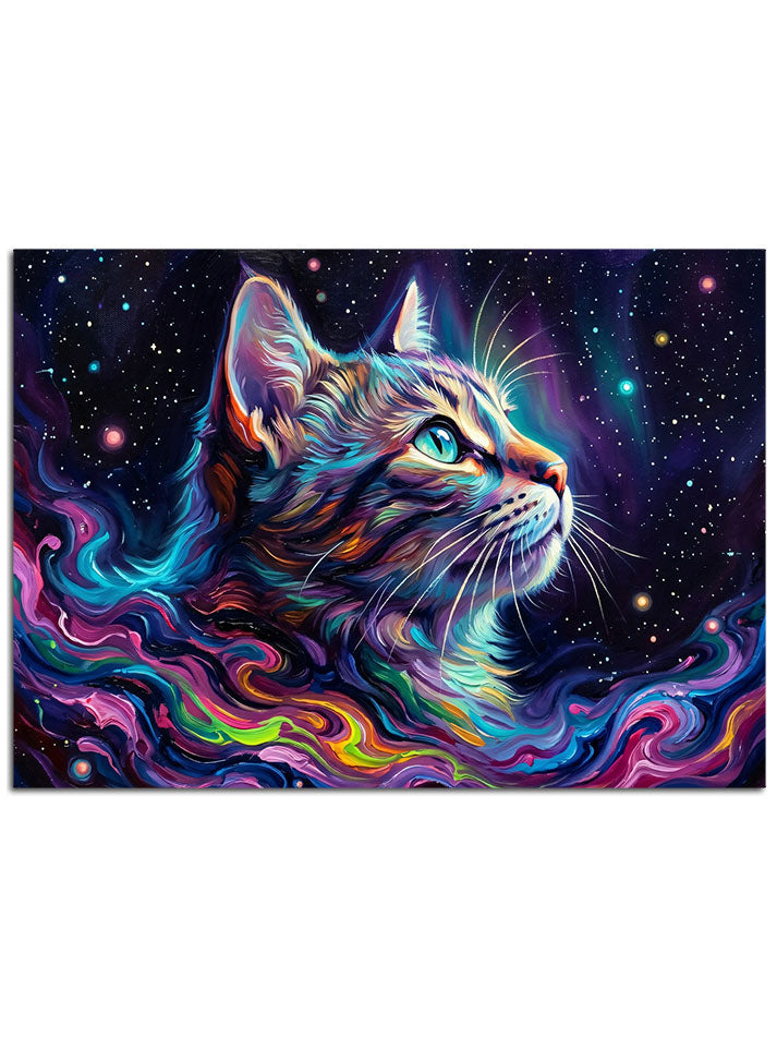 Galaksi ışıkları ve yıldızlarla parlayan kedi yüzü.