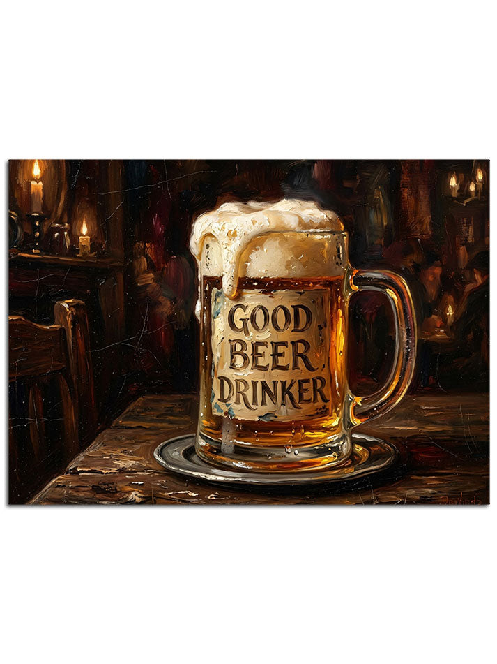"Good Beer Drinker" yazılı, parlayan bira bardağı.