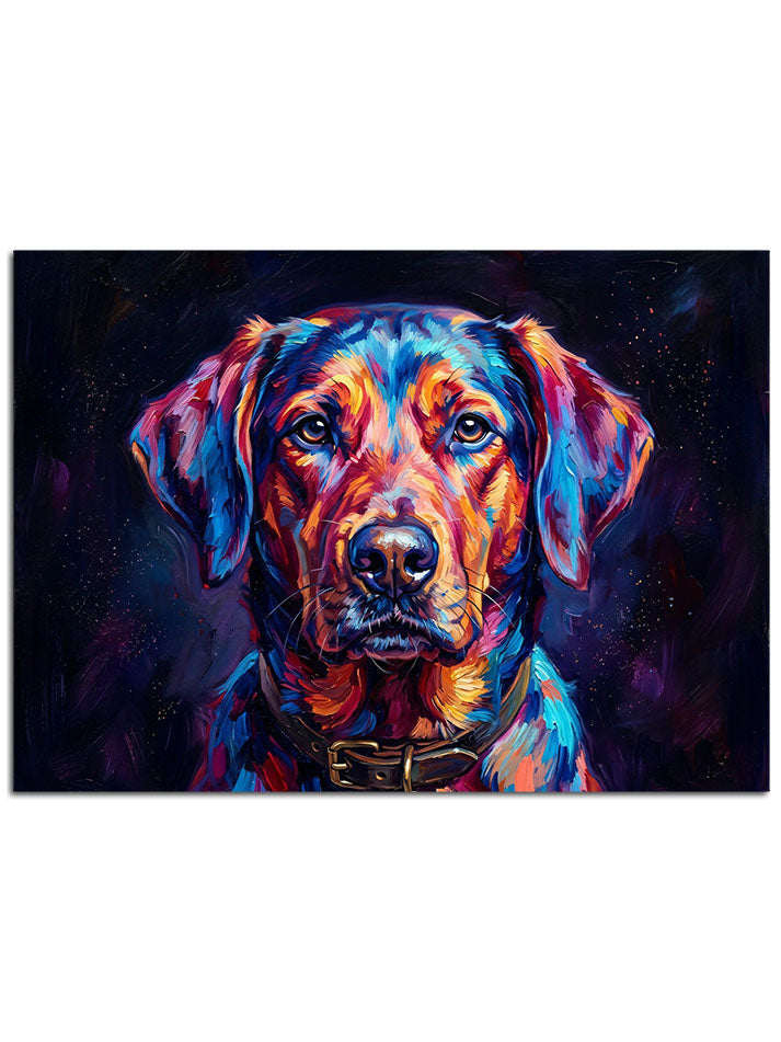 Çok renkli boya lekeleriyle bezeli modern köpek.