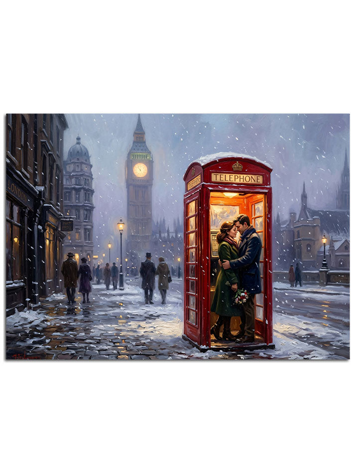 Karlı bir havada ikonik kırmızı kulübe ve Big Ben.