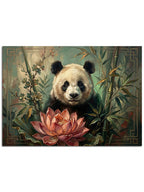 Yeşil bambular ve lotus çiçeği arasında panda.
