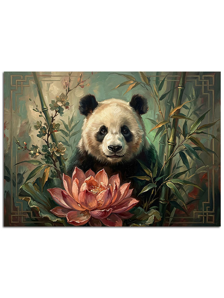 Yeşil bambular ve lotus çiçeği arasında panda.