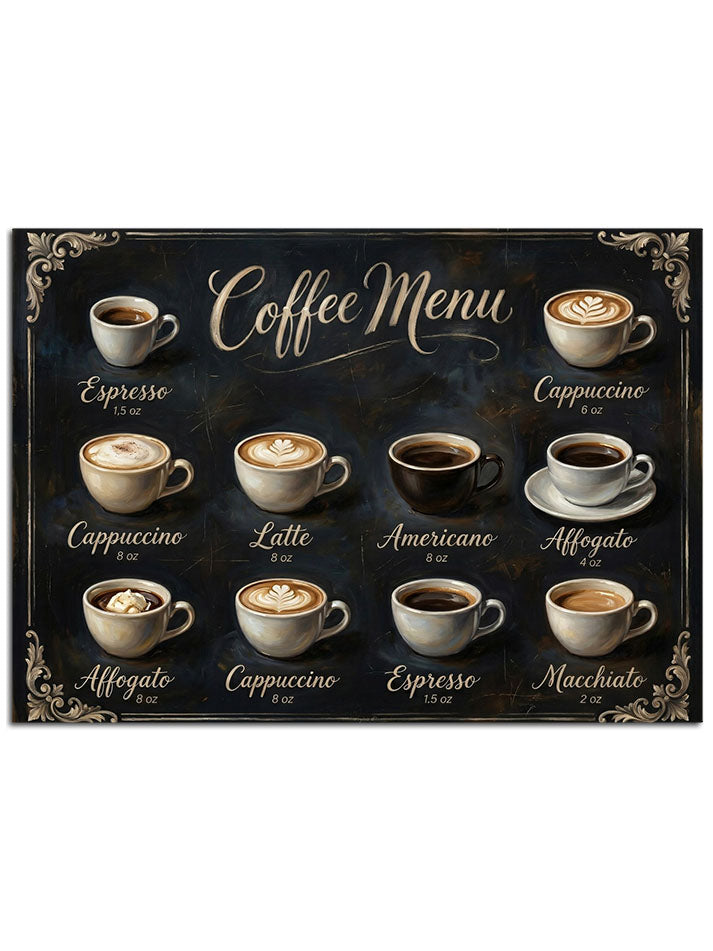 "Coffee Menu" yazılı, kahve fincanları ve isimleri.