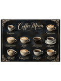 "Coffee Menu" yazılı, kahve fincanları ve isimleri.