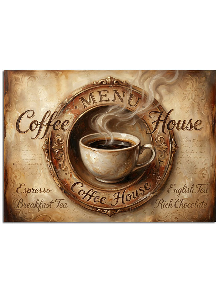 Kahve fincanı ve eskitme dokulu "Coffee House".