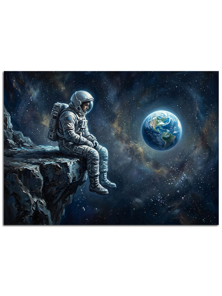 Dünyaya uzaktan bakan astronot ve uzay manzarası.