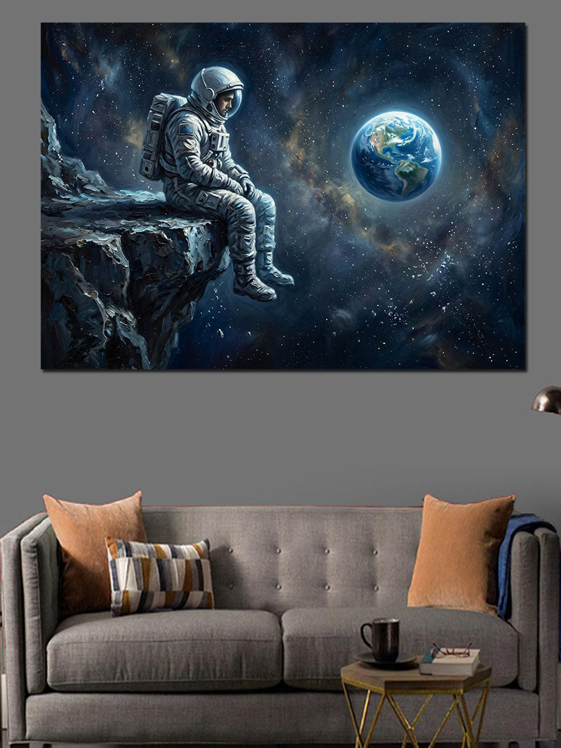 Ay Üzerinde Oturan Yalnız Astronot Kanvas Tablo