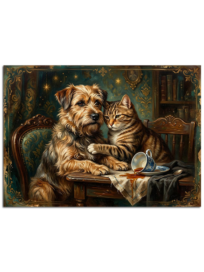 Arkadaşça masada oturan köpek ve kedi dostluğu.