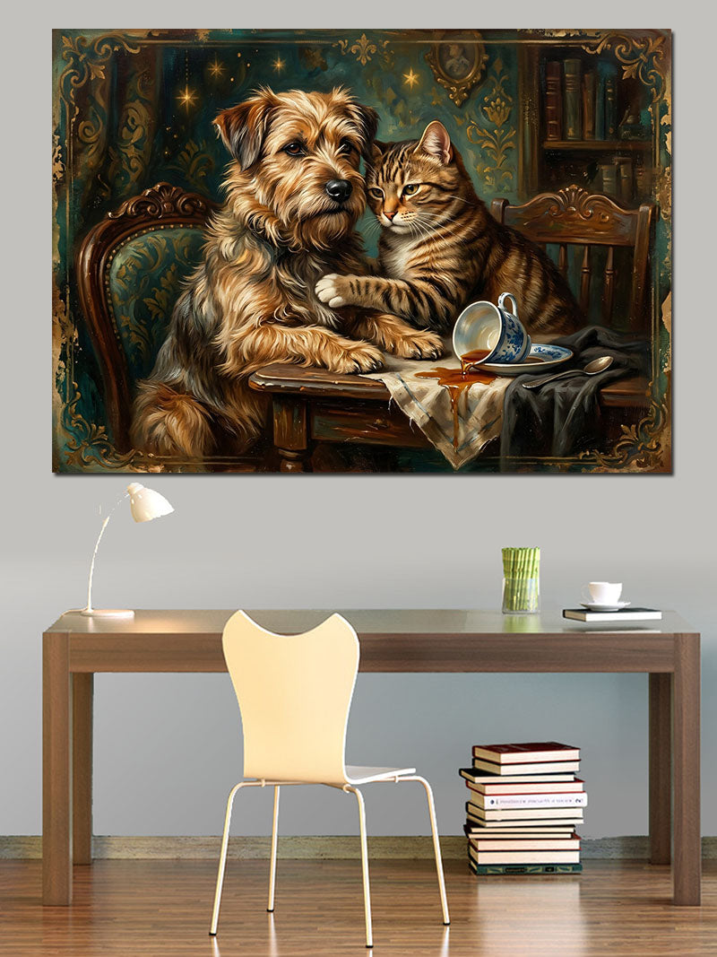 Masada Duran Köpek Ve Kedi Kanvas Tablo
