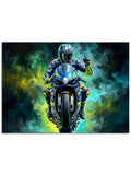 Neon ışıklar arasında parlayan spor motosiklet görseli.
