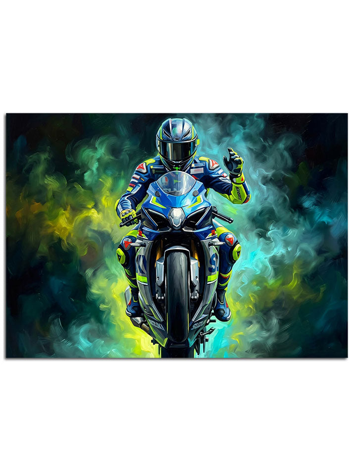 Neon ışıklar arasında parlayan spor motosiklet görseli.