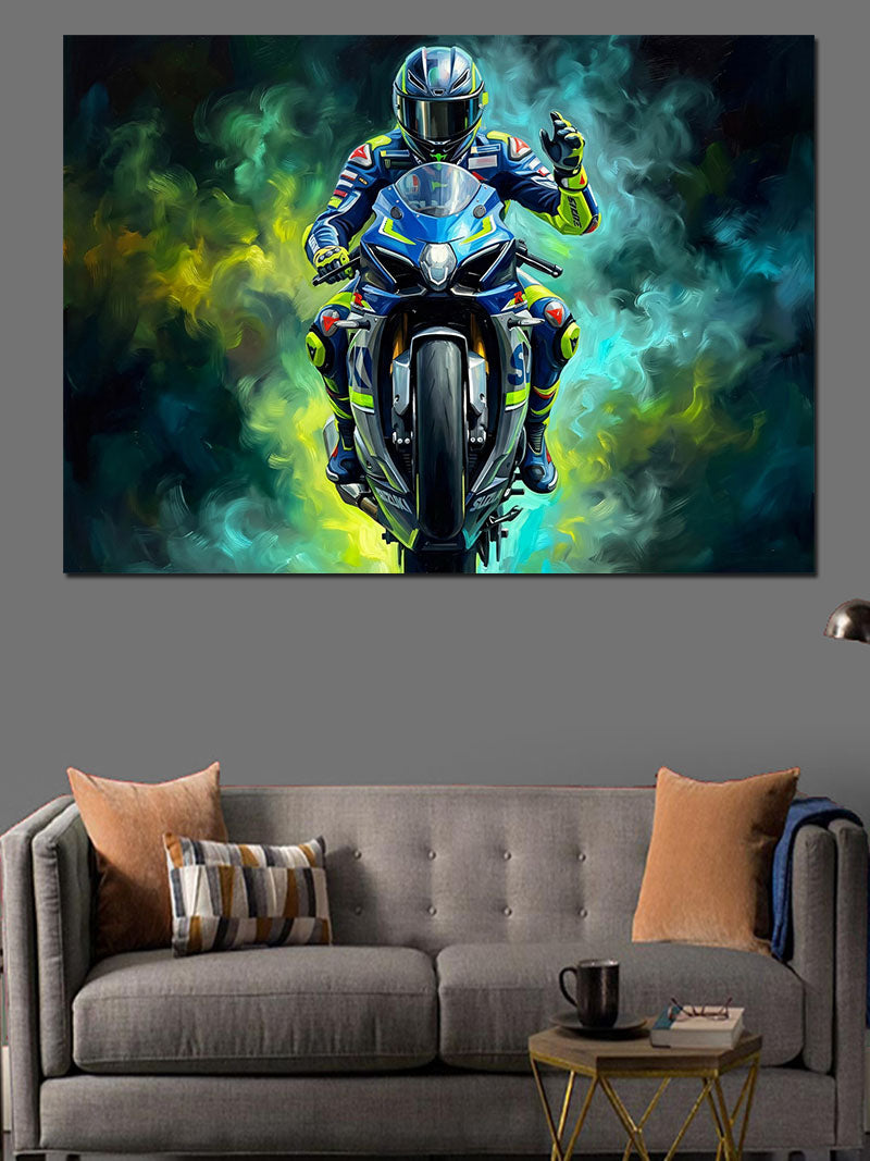 Gece Işıklı Modern Yarış Motosikleti Kanvas Tablo