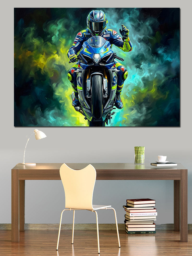 Gece Işıklı Modern Yarış Motosikleti Kanvas Tablo
