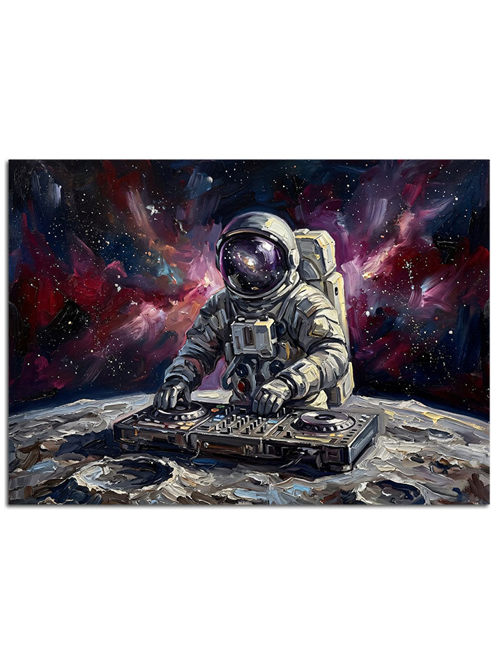 Uzayda müzik yapan eğlenceli astronot figürü.
