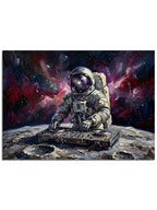Uzayda müzik yapan eğlenceli astronot figürü.