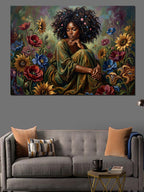 Çiçekler Arasında Siyahi Kadın Portresi Kanvas Tablo
