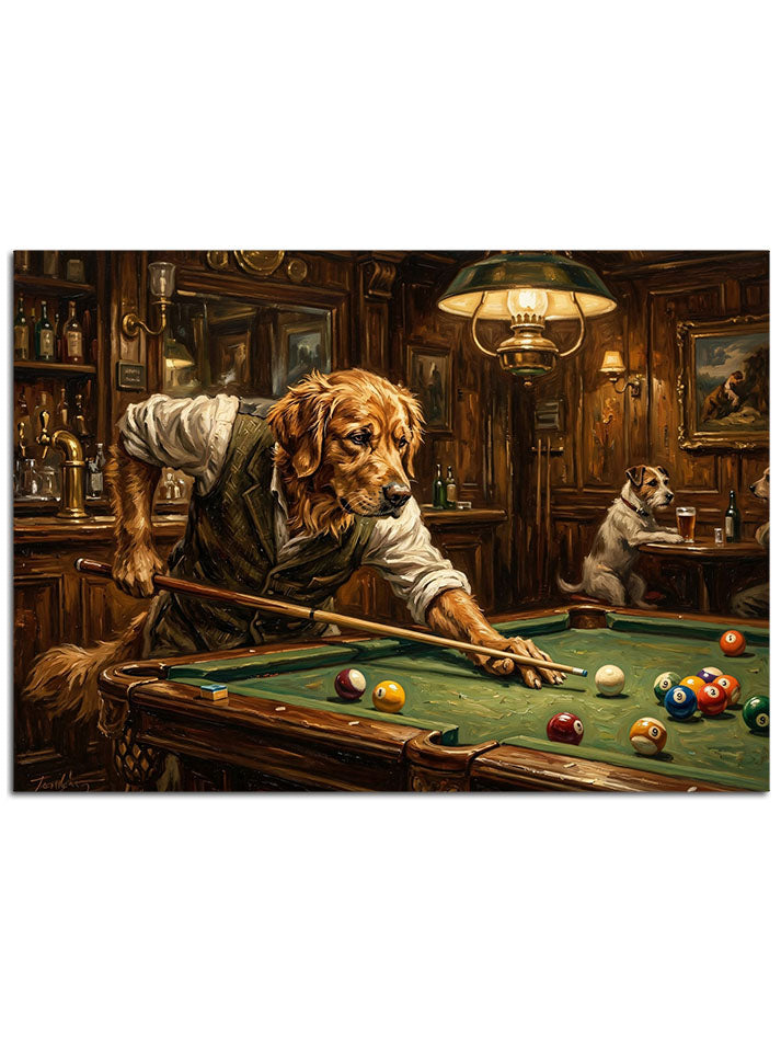 Bilardo masasında ıstaka tutan antropomorfik aslan portresi.