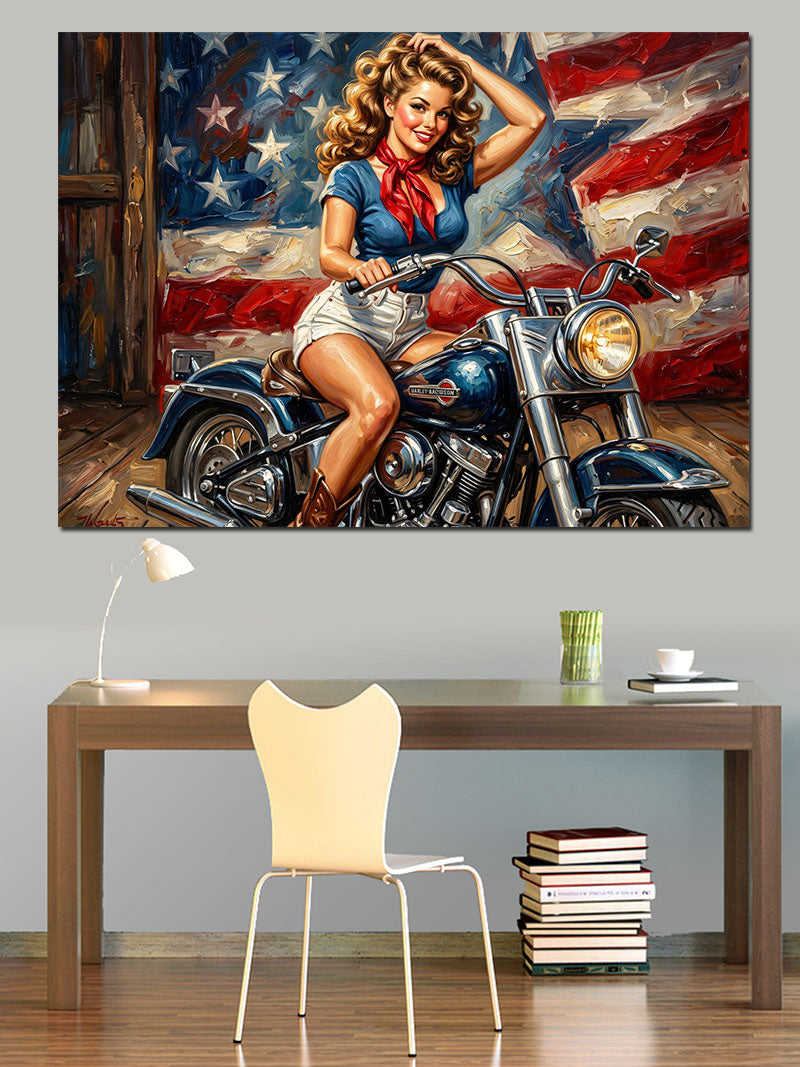 Motosikletli Retro Pin-Up Kadın Tablosu Kanvas Tablo