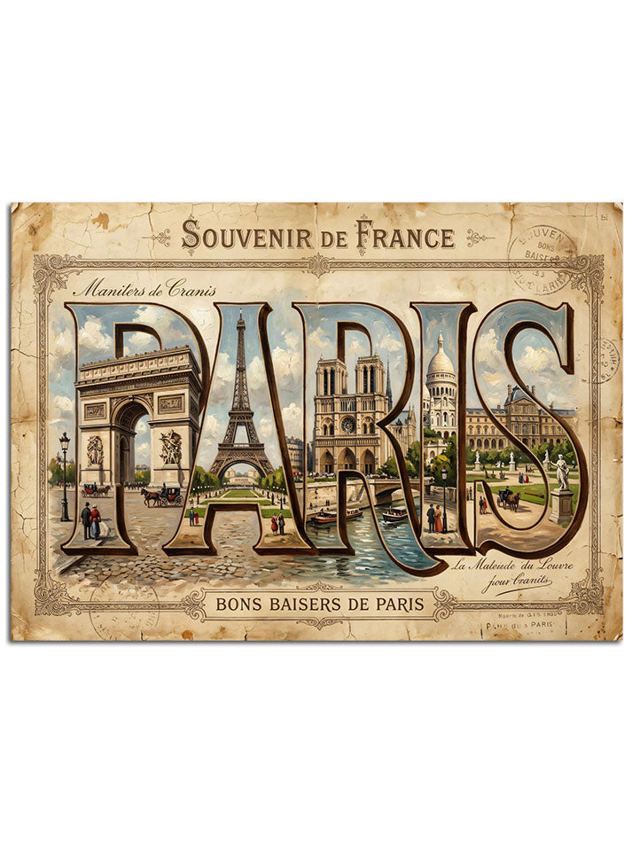 "Paris" yazılı, tarihi mimari detaylı eskitme pano.