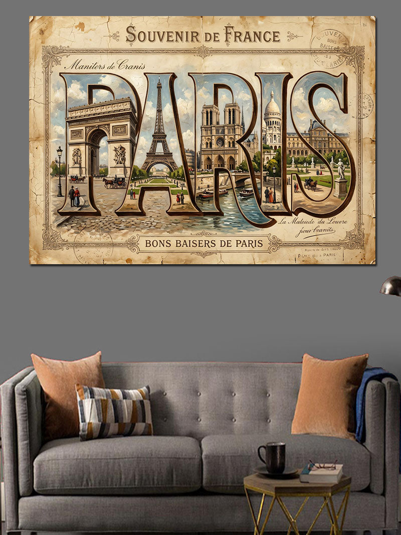 Paris Yazılı Nostaljik Şehir Tabelası Kanvas Tablo