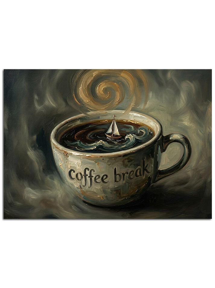 "Coffee Break" yazılı, dumanı tüten estetik kahve.