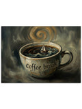 "Coffee Break" yazılı, dumanı tüten estetik kahve.