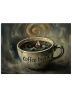 "Coffee Break" yazılı, dumanı tüten estetik kahve.