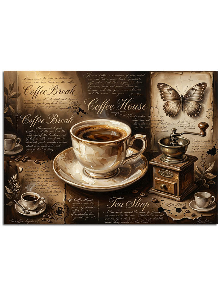 "Coffee House" temalı, eskitme dokulu kahve görseli.