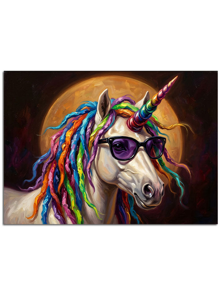 Gözlüklü ve renkli yeleleri olan karizmatik unicorn.