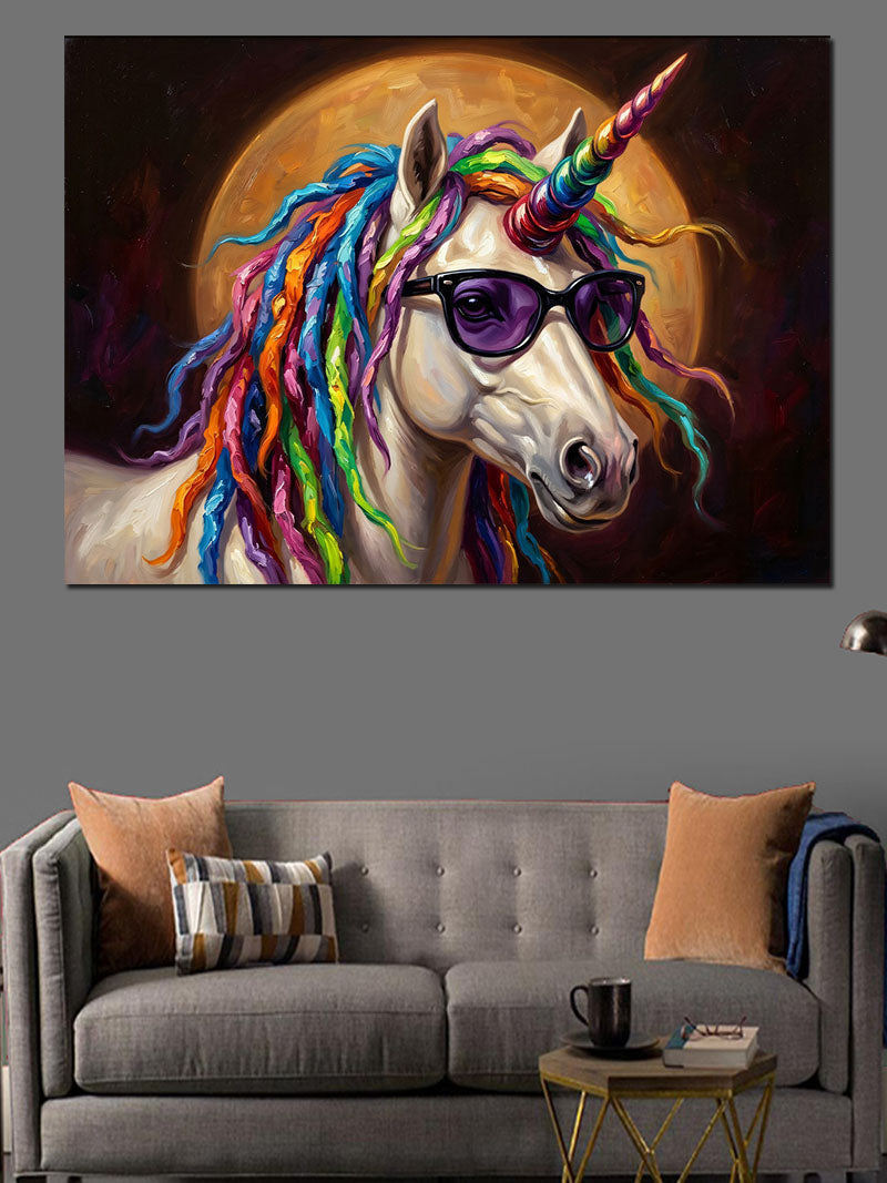 Gökkuşağı Renkli Saçlı Mistik Unicorn Kanvas Tablo