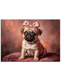 Şirin bakışlı ve pembe aksesuarlı yavru pug.