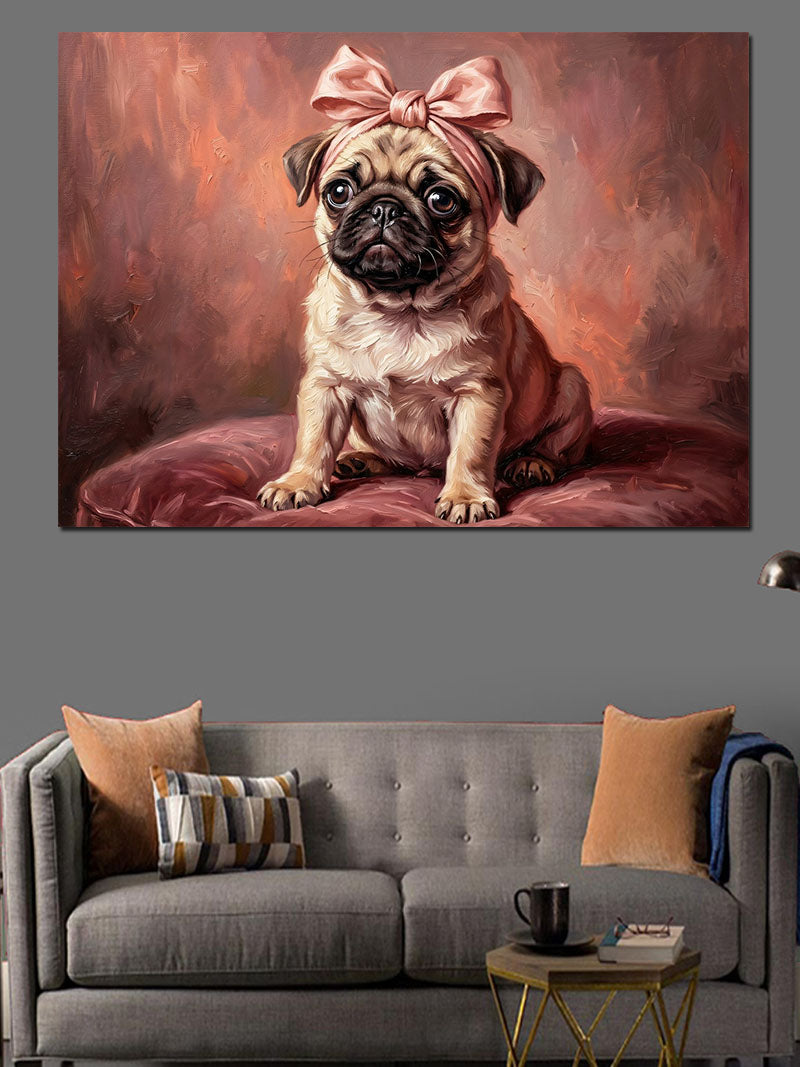 Pembe Papyonlu Sevimli Pug Köpeği Kanvas Tablo