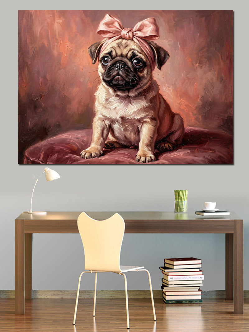 Pembe Papyonlu Sevimli Pug Köpeği Kanvas Tablo