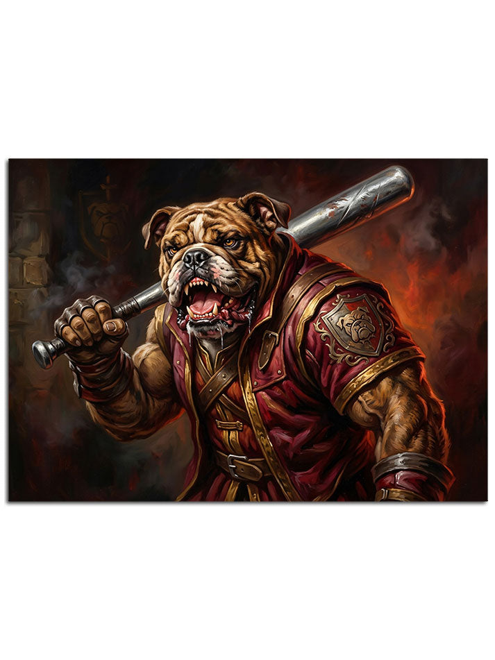 Ceket giymiş ve sopa tutan havalı bulldog figürü.