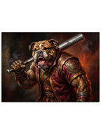 Ceket giymiş ve sopa tutan havalı bulldog figürü.