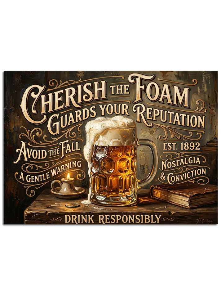 "Cherish the Foam" yazılı klasik bira dekoru.