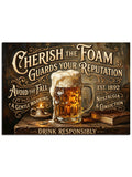 "Cherish the Foam" yazılı klasik bira dekoru.