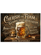 "Cherish the Foam" yazılı klasik bira dekoru.