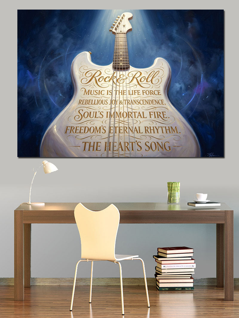 Rock n Roll Yazılı Beyaz Gitar Kanvas Tablo